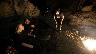Sanders, front, and Khazaal talk with director Shane de Almeida, right, about plans for Nervecell’s video for a song off their album Psychogenocide, which comes out across the region on Thursday.