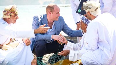 The Duke of Cambridge joined a group of local fishermen alongside traditional fishing skiffs on the beach to hear about how they fish, the challenges to sustainability, and actions being taken to conserve Oman’s marine environment. Twitter/ @KensingtonRoyal