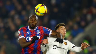 Crystal Palace's Jean-Philippe Mateta in action with Manchester United's Lisandro Martinez. Action Images