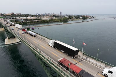 Tractor trailers and vehicles cross the Peace Bridge at the Canada-US border in Fort Erie, Ontario, Canada on August 20, 2026. Bloomberg