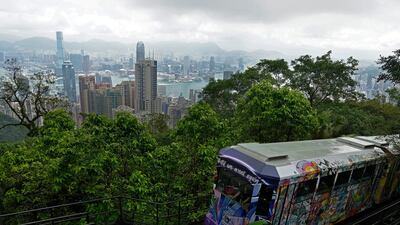 A Peak Tram passes an uphill of the Victoria Peak with a backdrop of Hong Kong. Vincent Yu / AP Photo