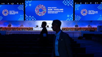 Screens at the Queen Sirikit National Convention Centre in Bangkok during preparations for the IMF-World Bank annual meetings. AFP