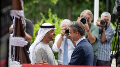 President Sheikh Mohamed is received by Mr Mitsotakis at the Maximos Mansion.