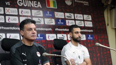 Ehab Galal, new head coach of the Egypt national team, and player Amro El Solia, right, during a press conference at Cairo International Stadium.