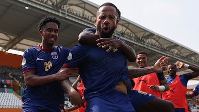 Cape Verde's forward #21 Bebe celebrates scoring his team's first goal from a free kick during the Africa Cup of Nations (CAN) 2024 group B football match between Cape Verde and Mozambique at the Felix Houphouet-Boigny Stadium in Abidjan on January 19, 2024. (Photo by FRANCK FIFE / AFP)