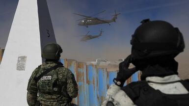 Mexican troops observe US army helicopters flying in Ciudad Juarez, Mexico. A large police presence was reported along the border between Ciudad Juarez and El Paso, Texas, after reports of armed attacks against US border agents EPA