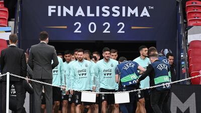 Argentina captain Lionel Messi leads his team out for a training session ahead of the Finalissima Conmebol - UEFA Cup of Champions match against Italy at Wembley Stadium in London, Britain, 31 May 2022. Latin American champions Argentina will play European champions Italy in the Finalissima on 1 June 2022. EPA