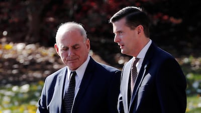 White House chief of staff John Kelly, left, is coming under fire about when he knew of accusations against his aide Rob Porter. REUTERS/Jonathan Ernst