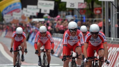 Riders of team Katusha in action during the first stage of the 2014 Giro d'Italia cycling race in Belfast, Northern Ireland, on Friday. Luca Zennaro / EPA