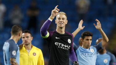 Manchester City's Joe Hart points to fans as he celebrates at the end of the match. Carl Recine / Action Images