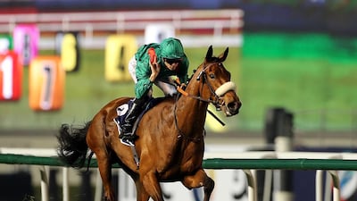 Jockey Christophe Soumillon riding Dolniya wins the Dubai Sheema Classic during the Dubai World Cup at the Meydan Racecourse in Dubai. ( Satish Kumar / The National )