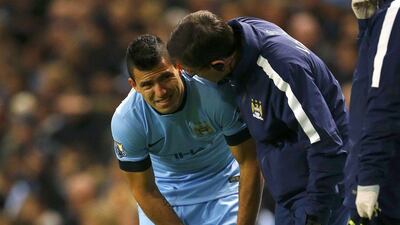 Sergio Aguero of Manchester City reacts after sustaining an injury in the second minute of his side's Premier League win against Everton on Saturday. Darren Staples / Reuters