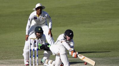 Tom Latham blunted Pakistan’s spinners to score his first career hundred in the opening Test in Abu Dhabi. Francois Nel / Getty Images