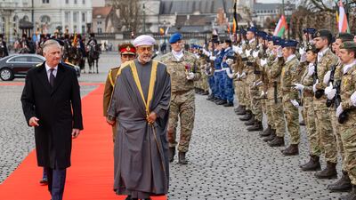 King Philippe welcomes Sultan Haitham at the palace. Getty Images