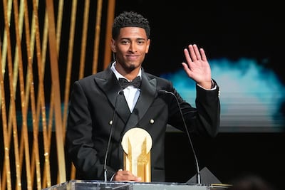 Real Madrid's Jude Bellingham after being awarded with the Kopa Trophy during the 67th Ballon d'Or ceremony in Paris. AP
