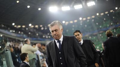 Real Madrid manager Carlo Ancelotti reacts during his side's 2-1 loss to Juventus in the Champions League semi-final first leg on Tuesday. Giorgio Perottino / Reuters
