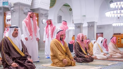 Mohammed bin Salman, Crown Prince of Saudi Arabia, visits the Quba Mosque and performs rak’ahs along with Prince Faisal bin Salman (L), governor of Madinah.