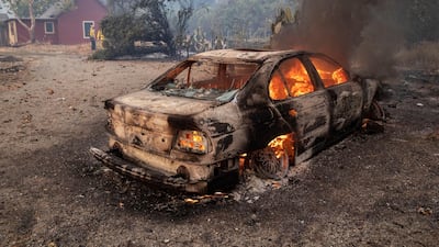 A car burns at the edge of a vineyard after the Kincade Fire burned through the area near Geyserville. EPA