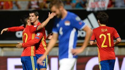 Spain forward Alvaro Morata celebrates after scoring against Liechtenstein. Miguel Riopa / AFP