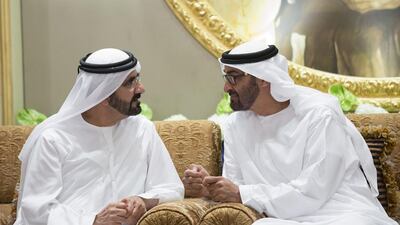 Sheikh Mohammed bin Zayed, Crown Prince of Abu Dhabi and Deputy Supreme Commander of the Armed Forces, right, speaks with Sheikh Mohammed bin Rashid, Vice President and Ruler of Dubai. Ryan Carter / Crown Prince Court - Abu Dhabi