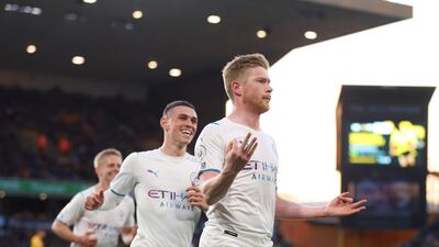 De Bruyne celebrates City's third goal and his hat-trick. Getty