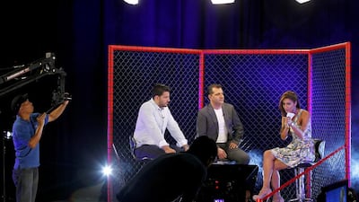 From left, co-hosts Ali Mokdad, Rio Altaie and Jory Bakr of MMA All Out, the UAE programme on the Physique television channel centred on mixed martial arts. Jeffrey E Biteng / The National