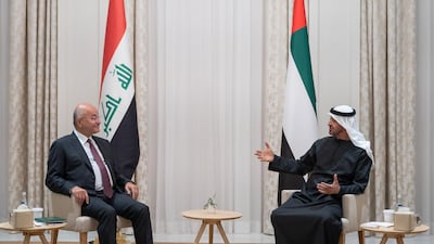 Sheikh Mohamed bin Zayed, Crown Prince of Abu Dhabi and Deputy Supreme Commander of the Armed Forces, meets Barham Salih, President of Iraq, at Al Shati Palace. Rashed Al Mansoori / Ministry of Presidential Affairs