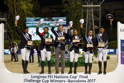Longines Challenge Cup winners, Abdullah Al Muhairi, Ghanem Al Hajri, Karl Schneider, Sheikh Majid Al Qassimi, Abdullah Al Marri, Abdullah Al Kumaiti. Courtesy Profsports