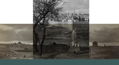 Dubai artist Hazem Harb created a collage of archival photographs of his native Palestine for his piece ‘This Place Is Mine’, which is on display as part of Ithra’s latest exhibition. Courtesy Hazem Harb