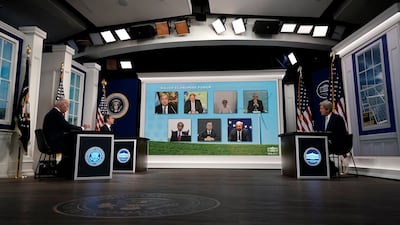 US President Joe Biden, Secretary of State Antony Blinken and Special Presidential Envoy for Climate John Kerry participate in the virtual Major Economies Forum at the White House. EPA