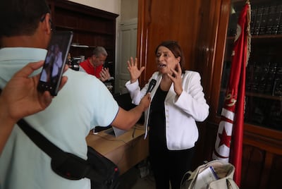 Rawda Al-Qarafi, judge and former President of the Tunisian Judges Association, speaks to the media during the Tunisian judges strike. EPA