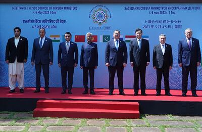 SCO foreign ministers, from left, Bilawal Bhutto Zardari, Pakistan, Sergey Lavrov, Russia, Bakhtiyor Saidov, Uzbekistan, Subrahmanyam Jaishankar, India, Murat Nurtleu, Kazakhstan, Qin Gang, China, Jeenbek Kulubaev, Kyrgyzstan, and Sirodjidin Aslov, Tajikistan, in Goa, on Friday. AP