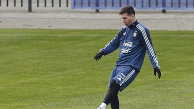 Lionel Messi kicks the ball during an Argentina team training session on Wednesday in Concepcion, Chile ahead of the Copa America final. Andre Penner / AP