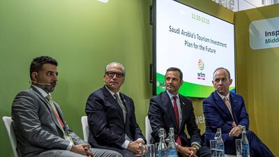 L-R on the World Travel Market Panel: Gemma Greenwood, Majed M. Al Ghanim, Jerry Inzerillo, John Pagano, Mark Willis. Rob Greig for The National