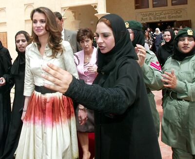 Queen Rania of Jordan is welcomed at the Dubai Ladies Club on April 7, 2004. AFP