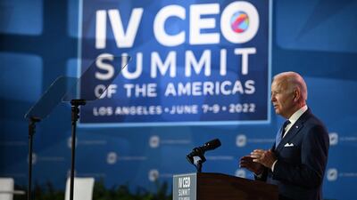 US President Joe Biden speaks during the IV CEO Summit of the Americas, in Los Angeles, California. AFP
