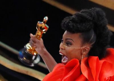 Hannah Beachler celebrates with her Oscar for Best Production Design. Photo: Reuters
