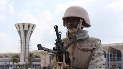 A soldier guards Aden’s international airport after Yemeni security forces took over control of public facilities from resistance militias in Aden last week. Saleh Al Obeidi / AFP / January 7, 2016