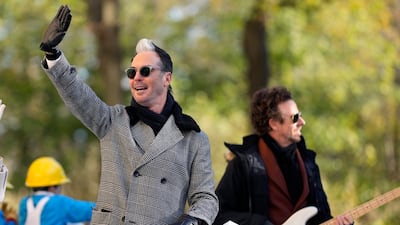 Michael Fitzpatrick from Fitz and the Tantrums rides the Lego float. AP