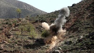 A controlled landmine explosion is seen in Kabul province, Afghanistan. Reuters