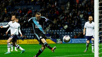 Jamie Vardy scores his and Leicester's second goal against Preston. Reuters