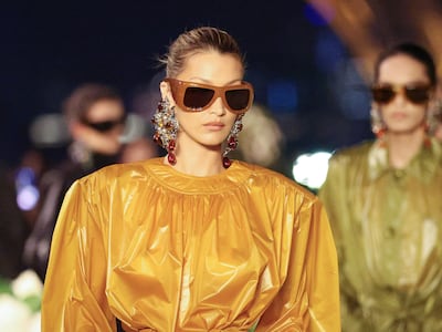 Bella Hadid walks the runway for Saint Laurent's womenswear spring/summer 2026 show. Getty Images