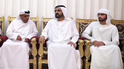 Sheikh Mohammed bin Rashid, Vice President and Ruler of Dubai, with the family of a soldier who was killed in Yemen on Friday in the line of duty. Wam