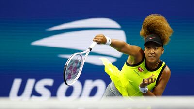 Aug 30, 2021; Flushing, NY, USA; Naomi Osaka of Japan serves against Marie Bouzkova of Czech Republic in the first round on day one of the 2021 U. S. Open tennis tournament at USTA Billie King National Tennis Center. Mandatory Credit: Jerry Lai-USA TODAY Sports