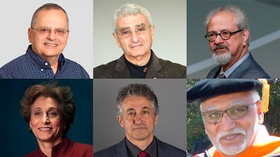 Clockwise from top left: Prof Badi Hani (economics), Dr Nabil Seidah (medicine), Prof Charbel Dagher (literature and arts), Prof Abbas El Gamal (engineering and technology), Prof Majed Chergui (natural sciences), and Dr Suad Amiry (architecture and design). Photo: UAE Government Media Office