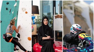 There are a number of deals, discounts and limited-edition products to celebrate Emirati Women's Day in the UAE. Photos: Deliveroo, Yas Marina Circuit and Chris Whiteoak / The National