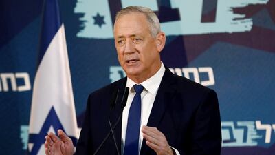Benny Gantz, leader of Blue and White party, delivers a statement in Tel Aviv, Israel, on Saturday. Reuters