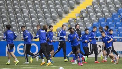 FC Astana's players attend a training session at the Astana Arena stadium in Kazakhstan's capital on Tuesday ahead of their match on Wednesday in the Champions League. Shamil Zhumatov / Reuters / September 29, 2015
