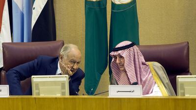 Arab League chief Ahmed Abul Gheit talks to Saudi Arabia's Foreign Minister Adel Al Jubeir during an emergency Arab League meeting at the bloc's headquarters in Cairo on May 17, 2018 to discuss Israel's use of deadly force against Palestinian protesters in Gaza. Amr Nabil / AP Photo