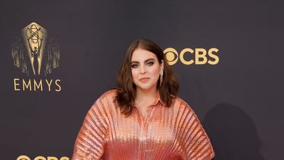 Beanie Feldstein in a Brandon Maxwell dress. AP